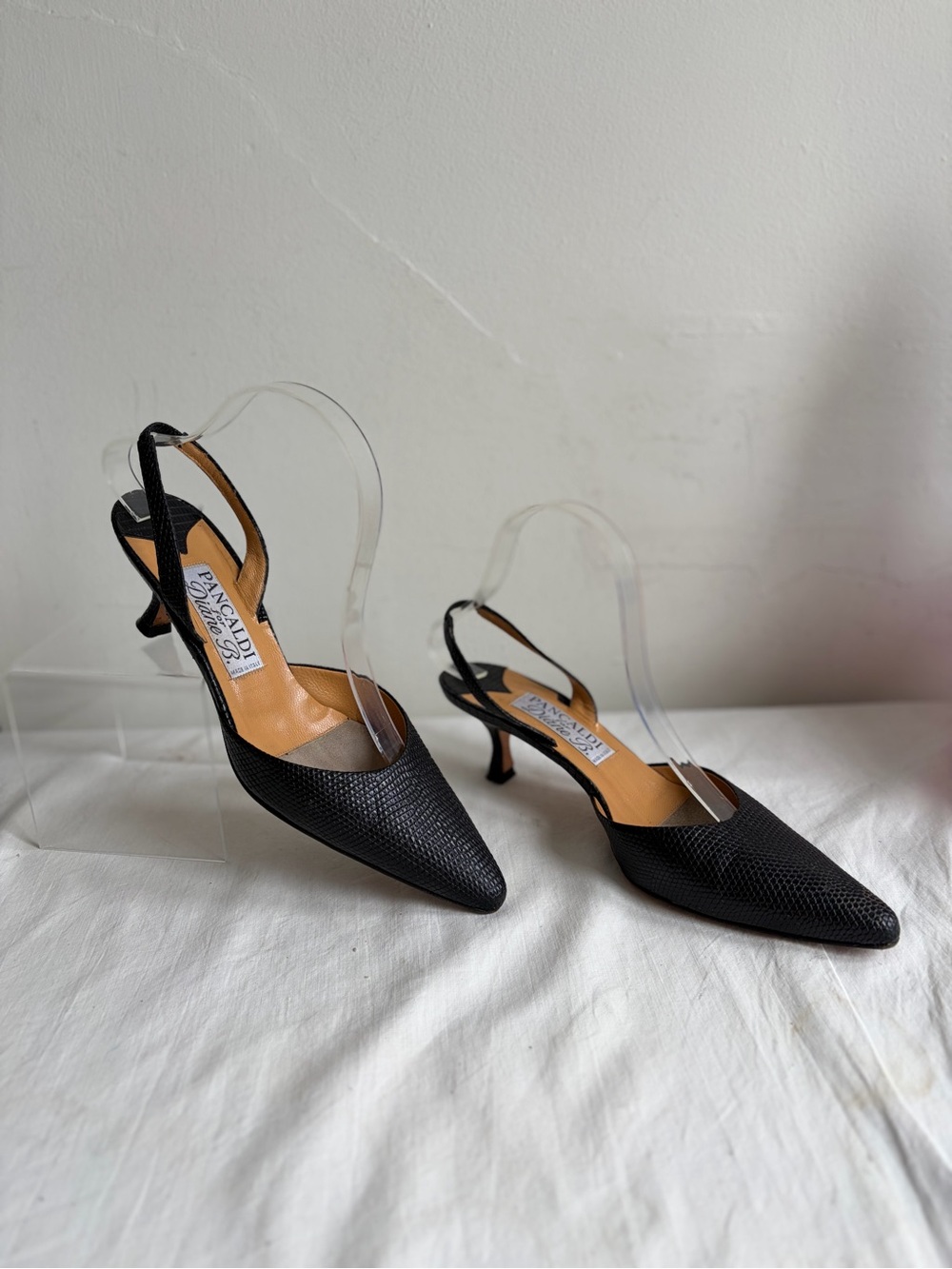 Vintage Pancaldi for Diane B. Black Pointed Slingback Pumps w/ Kitten Heels